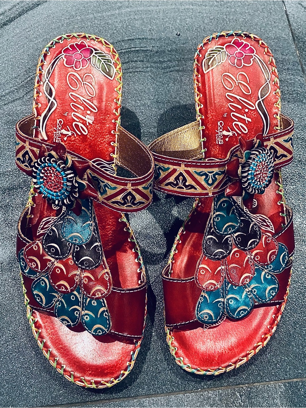 Women’s Elite by Corkys Navajo-style Boho hand -painted leather wedge sandals